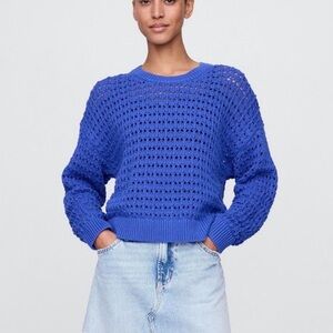 Gap Bright Blue Open-Knit Crewneck Sweater - Women